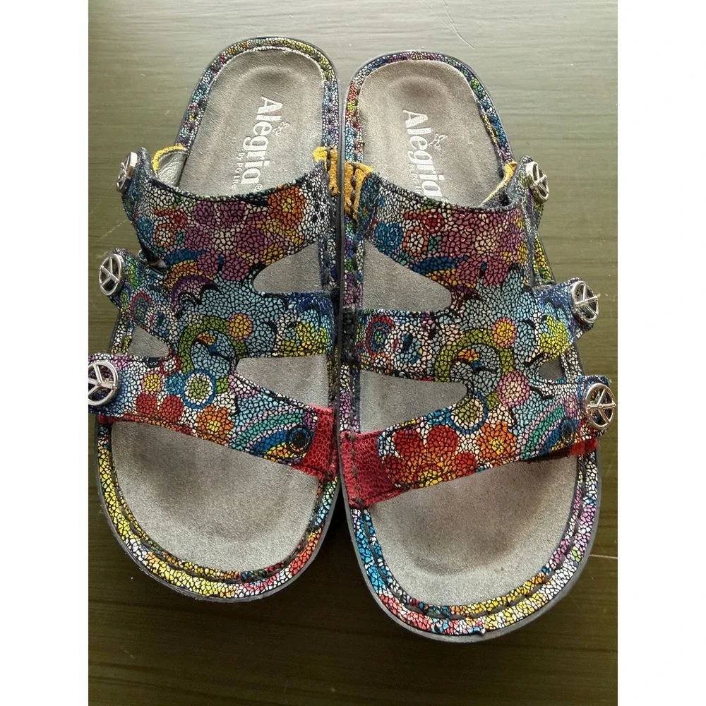 Alegria Women's Sandals Size‎ 36 Multi Color Floral Peace Sign Hippie chic